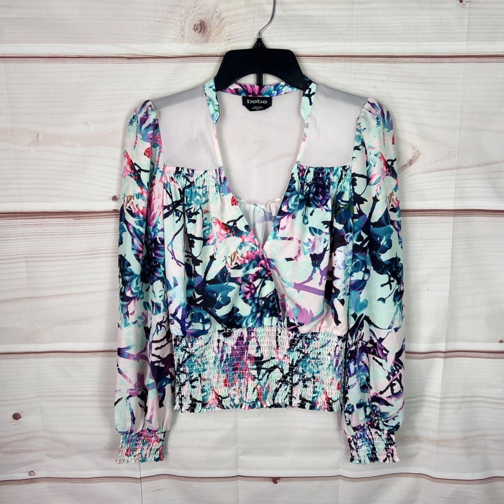 Bebe Top Womens XS Faux Wrap Blouse Printed Smocked Waist V-Neck Cropped